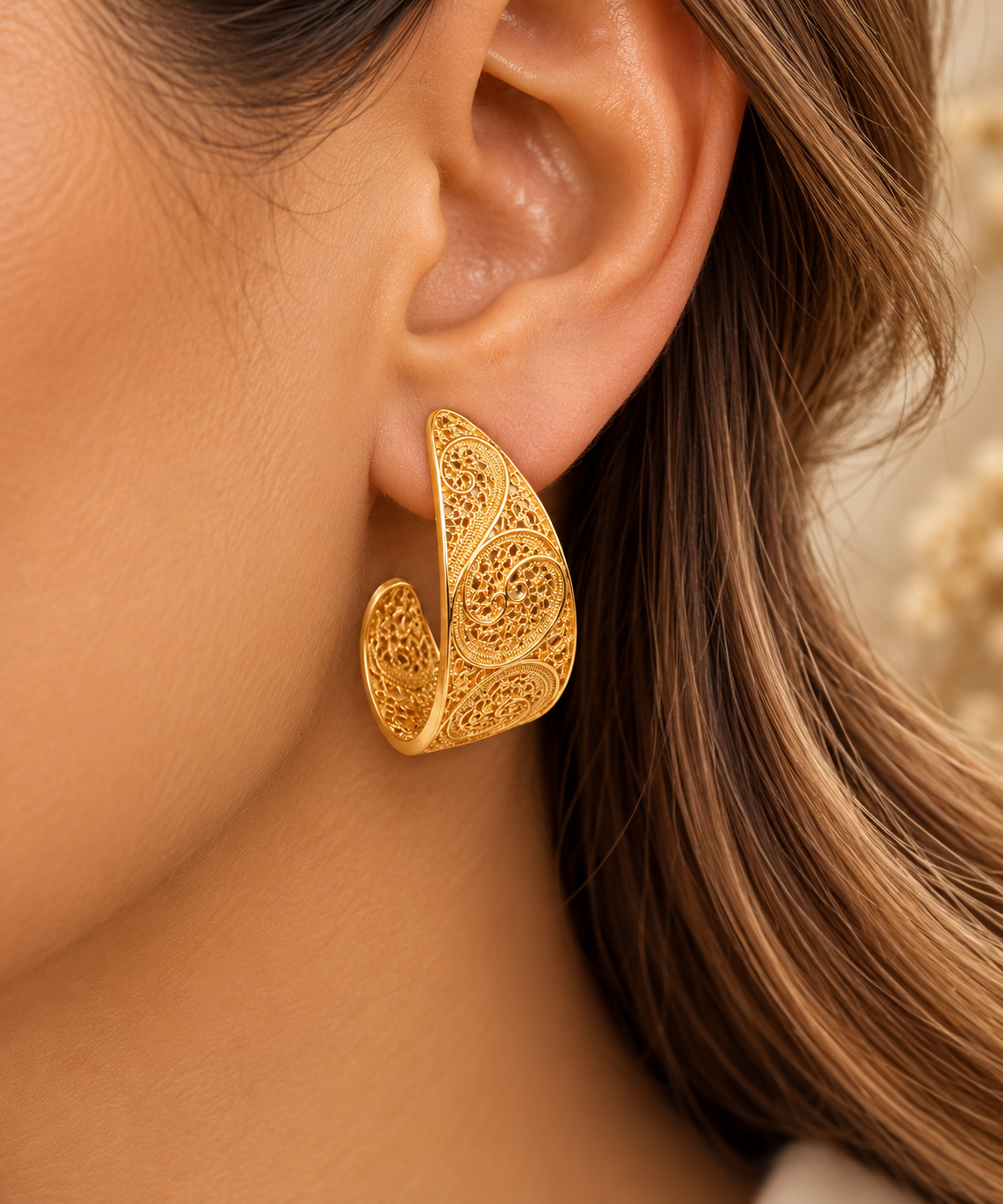 Brincos Ouro19.2Kt Filigrana ArgolaAchatada