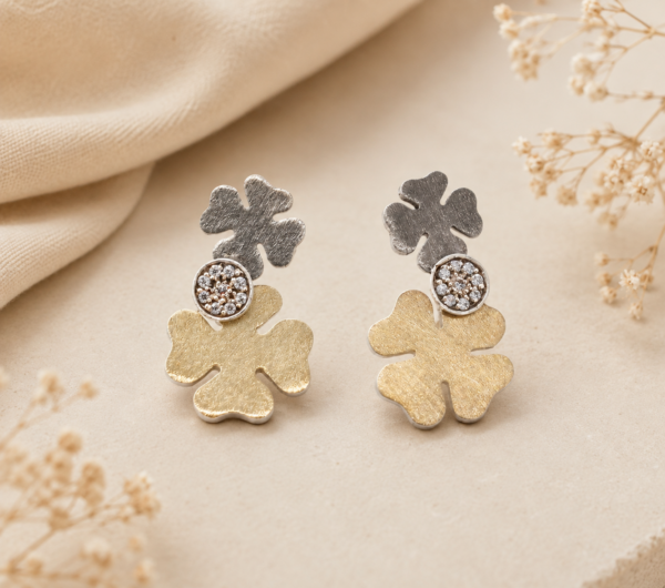 Brincos Trevos Prata e Ouro 9kt