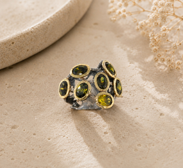 Silver and Gold Green Stones Ring