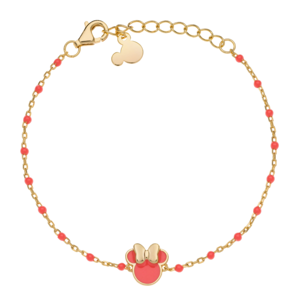 Pulseira Minnie Bolinhas Coral Prata Disney