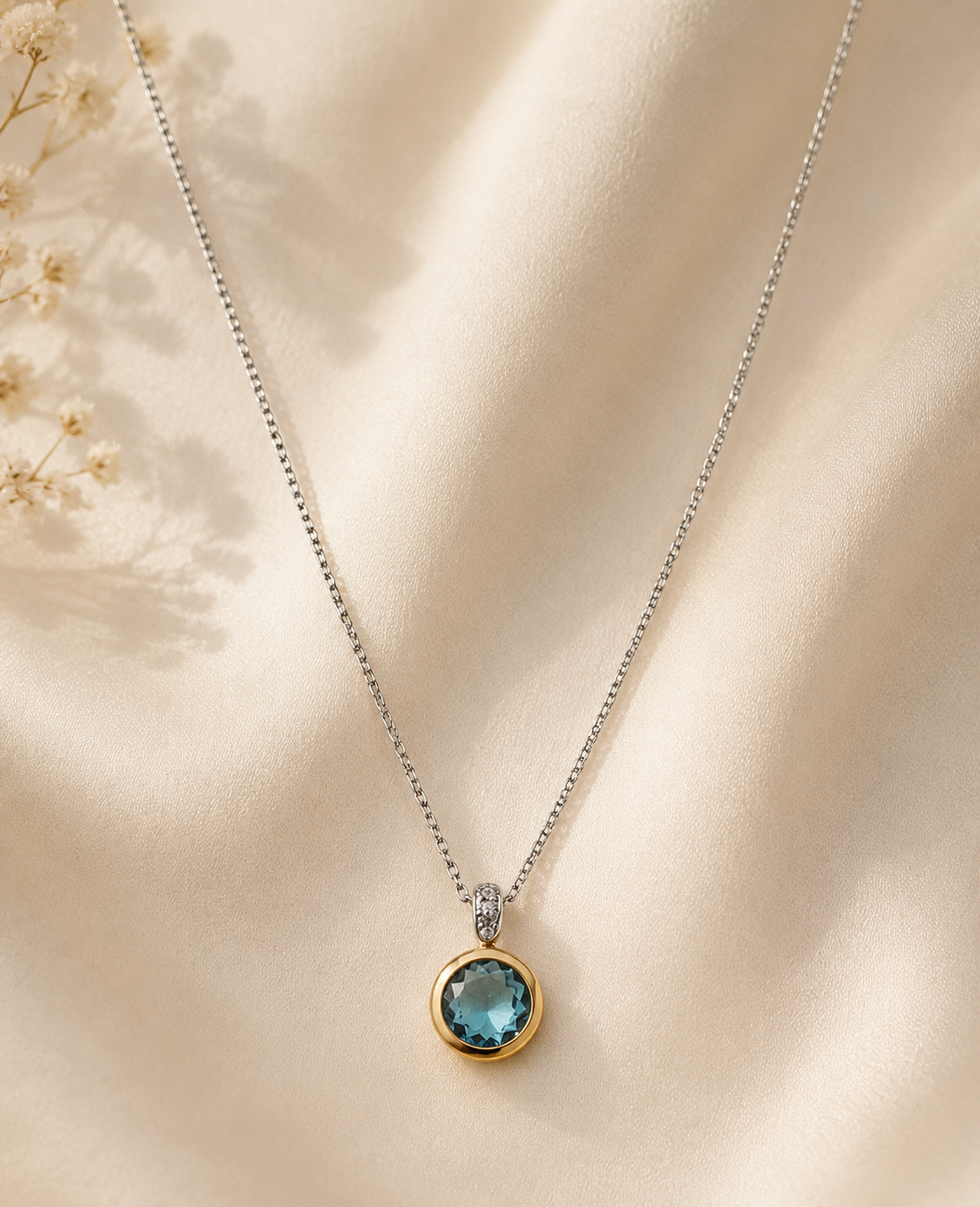 Colar Pedra Azul Prata e Ouro 9kt