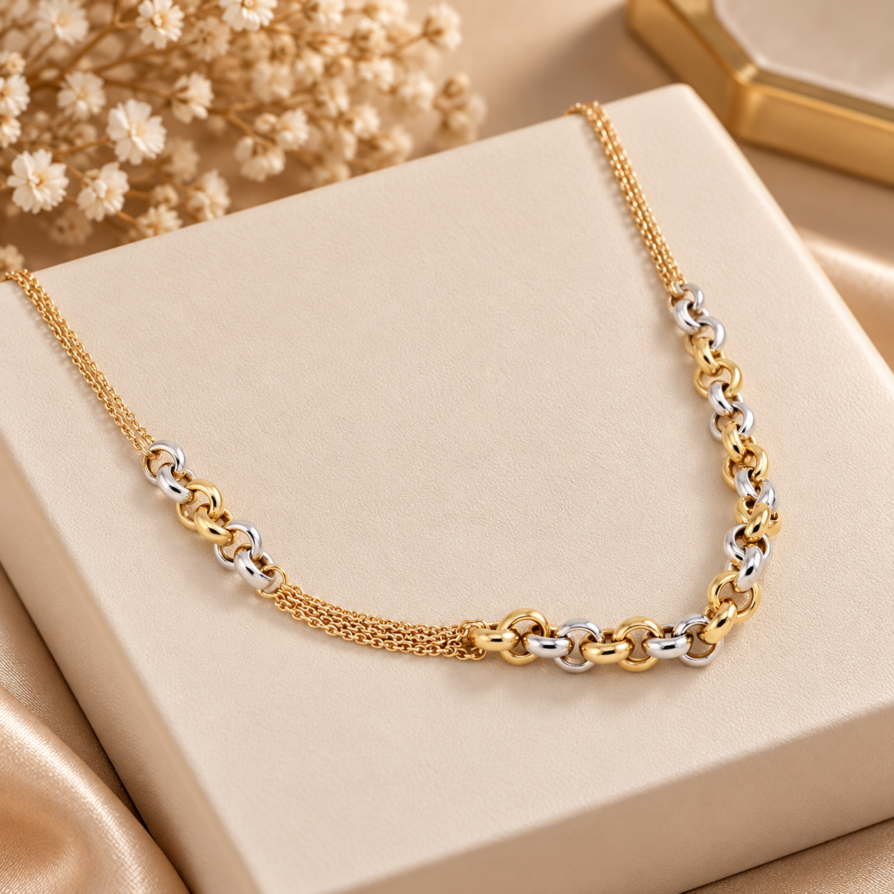 Colar Ouro Bicolor 19.2kt Malha Cordao Fio duplo