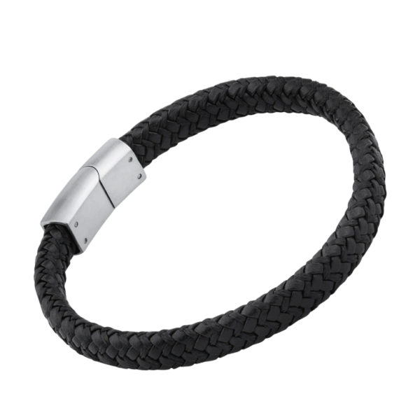 Pulseira Couro Preto Aço Hassu