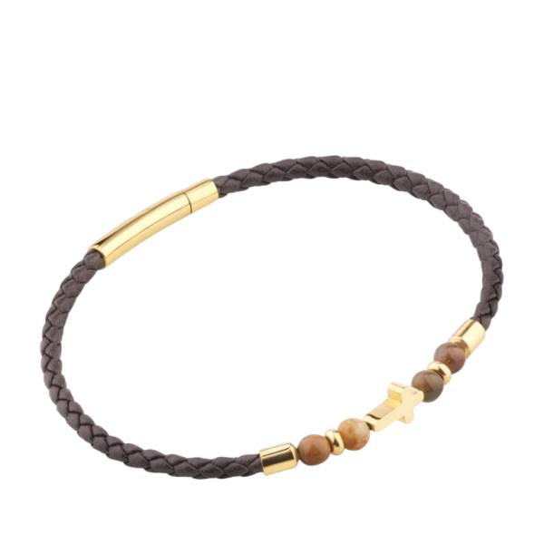 Pulseira Couro Pedras e Cruz Aço Hassu