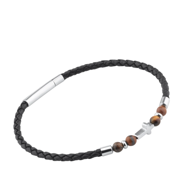 Pulseira Couro Pedras e Cruz Aço Hassu