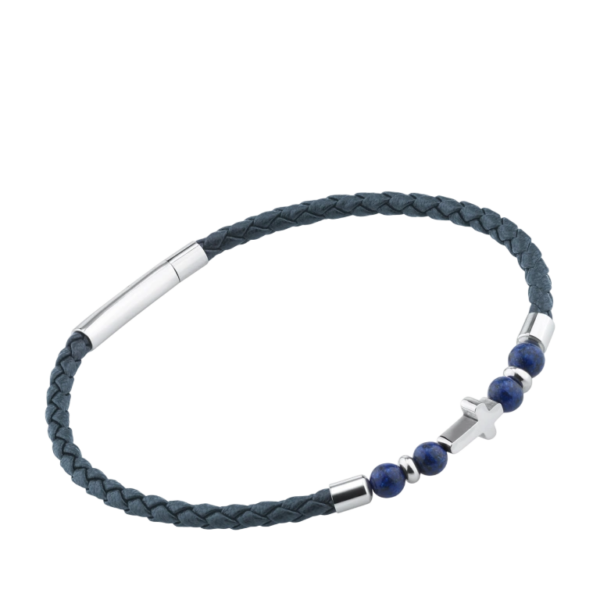 Pulseira Couro Pedras e Cruz Aço Hassu
