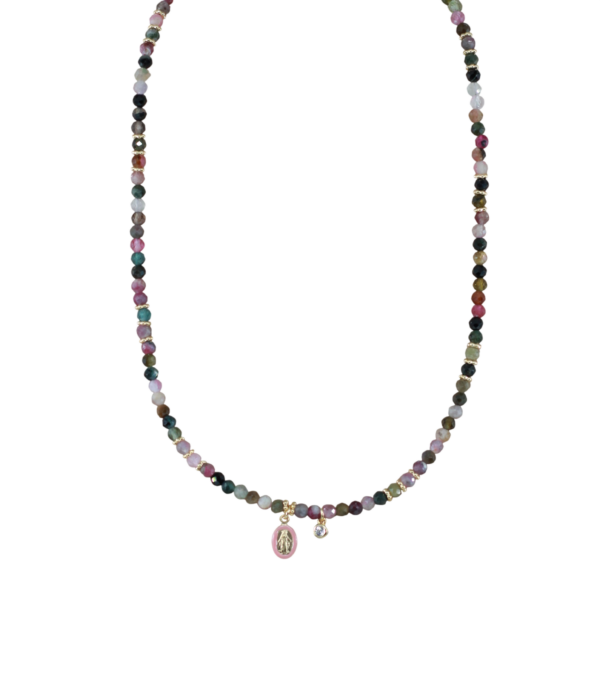 Colar S. Milagrosa Pedras Coloridas Prata