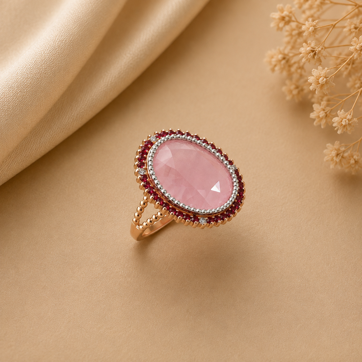 Anel Zircónias Rosa Ouro 9kt
