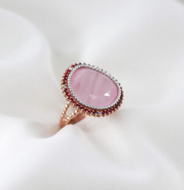 Anel Zircónias Rosa Ouro 9kt