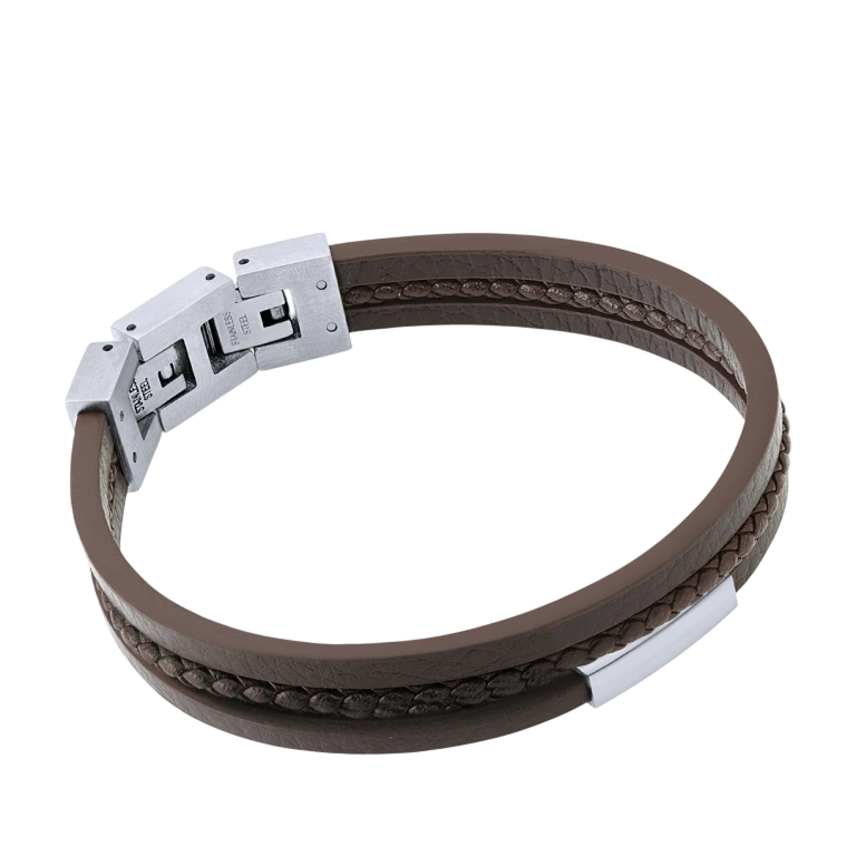 Pulseira Aco Chapa + Couro Tripla Castanho HASSU