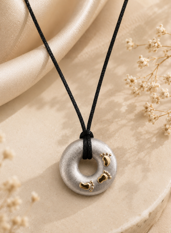 Colar Argola Pés Prata e Ouro 9Kt