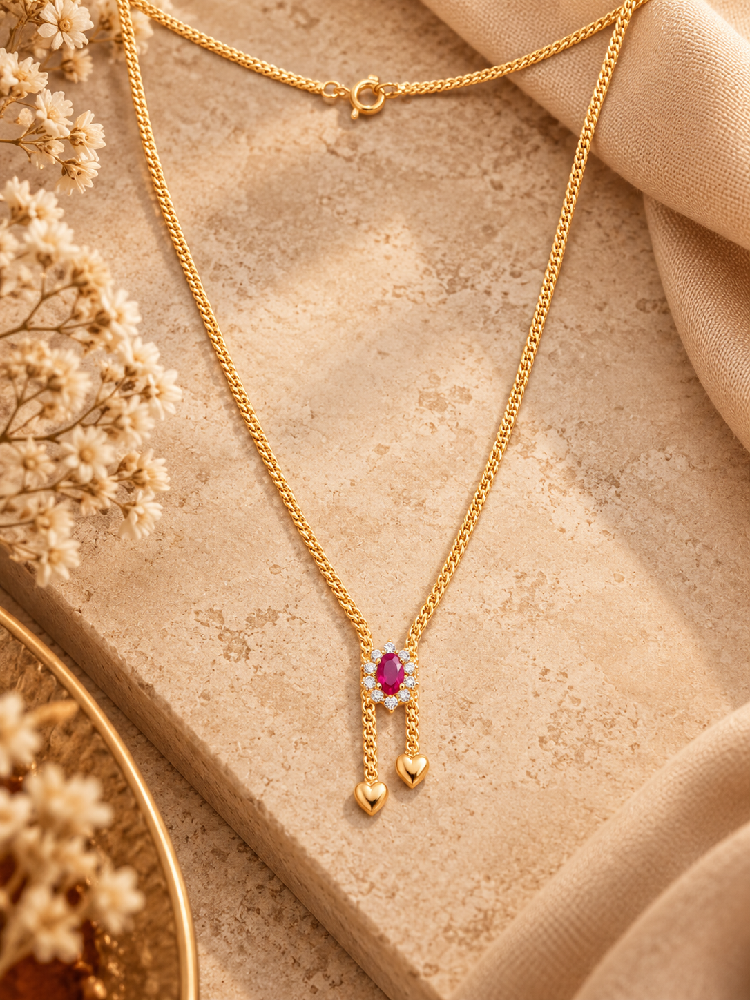 Colar Ouro 19.2kt 2 Coracoes Pedra Vermelha Zirconias