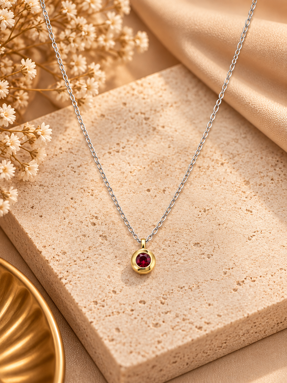 Colar Prata925 e ouro 9Kt Pedra colorida