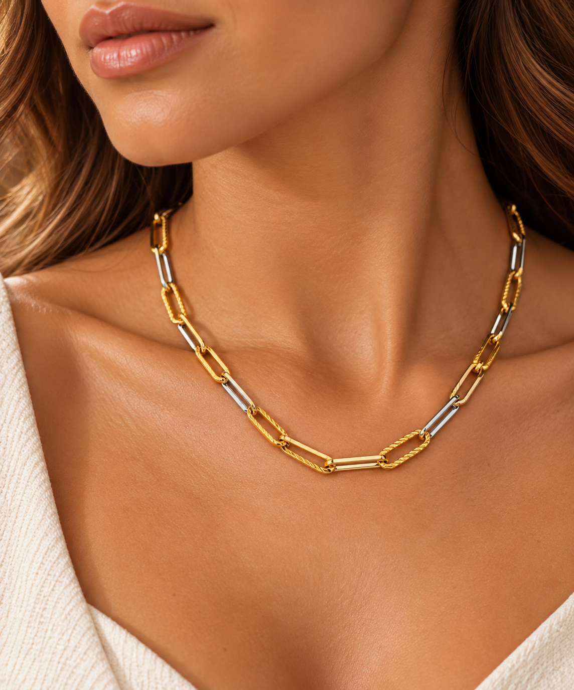 Colar dourado e prateado em destaque