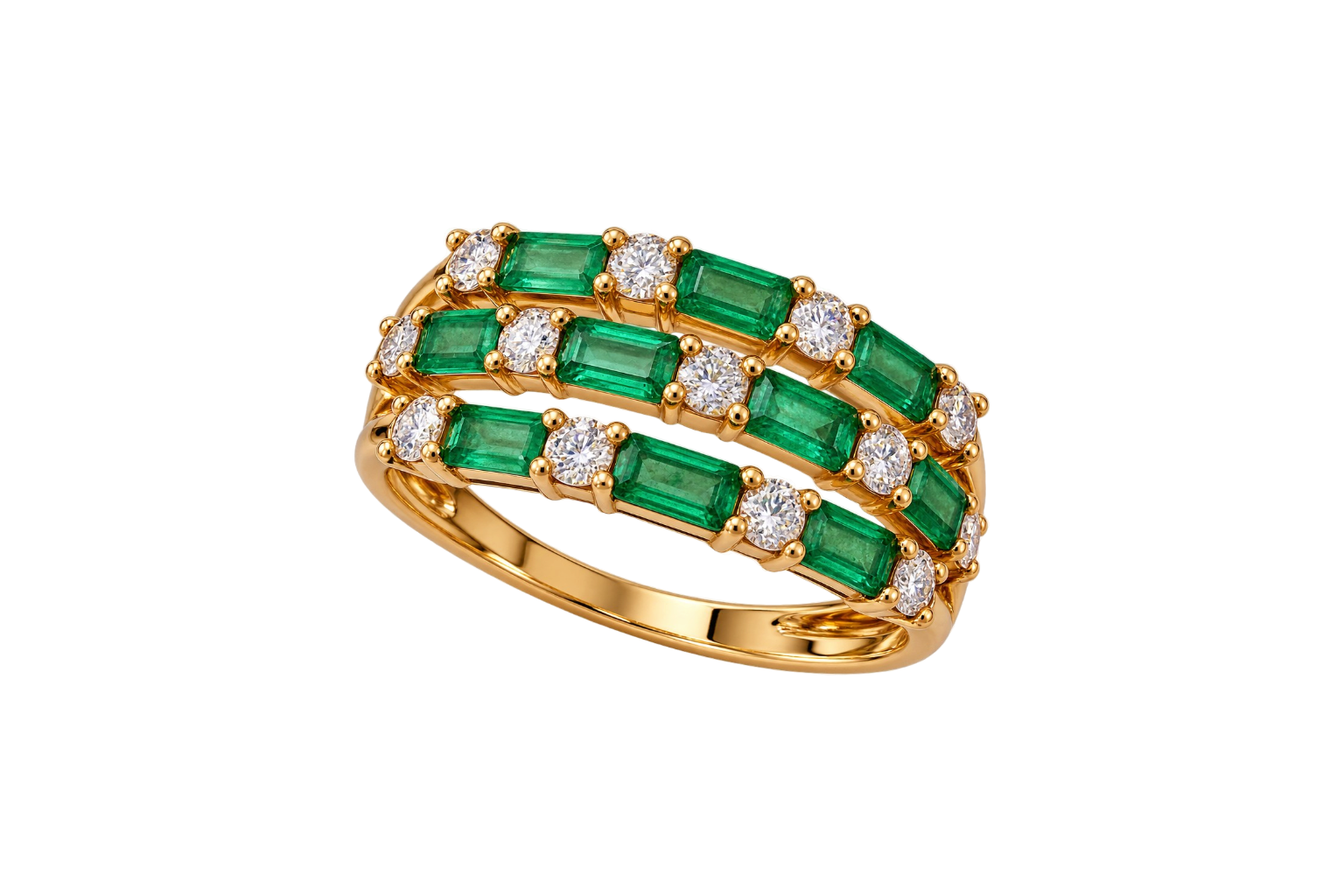 Anel Ouro19.2Kt 10Esmeraldas 0.97cts + Diamantes 0.49cts