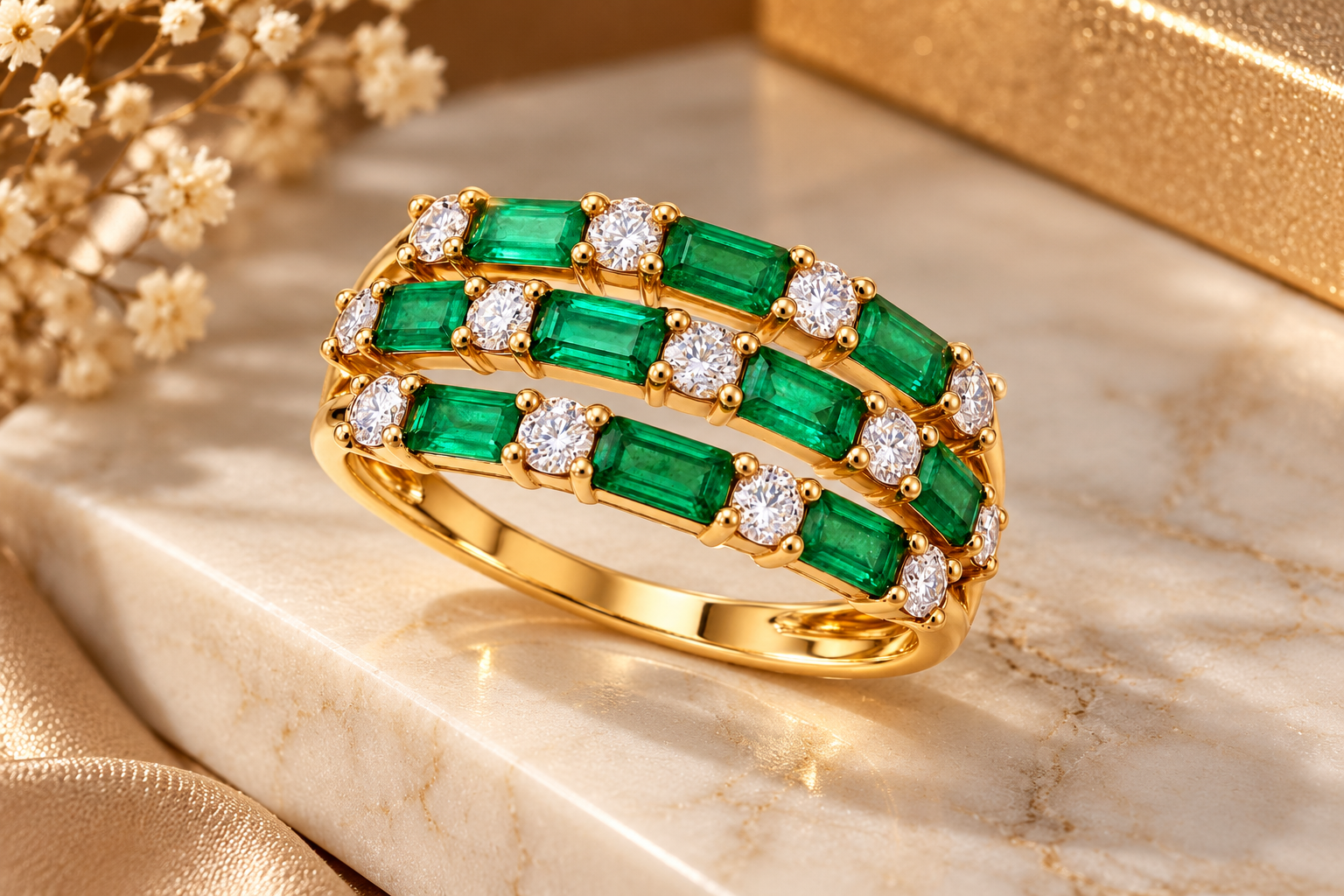 Anel Ouro19.2Kt 10Esmeraldas 0.97cts + Diamantes 0.49cts v
