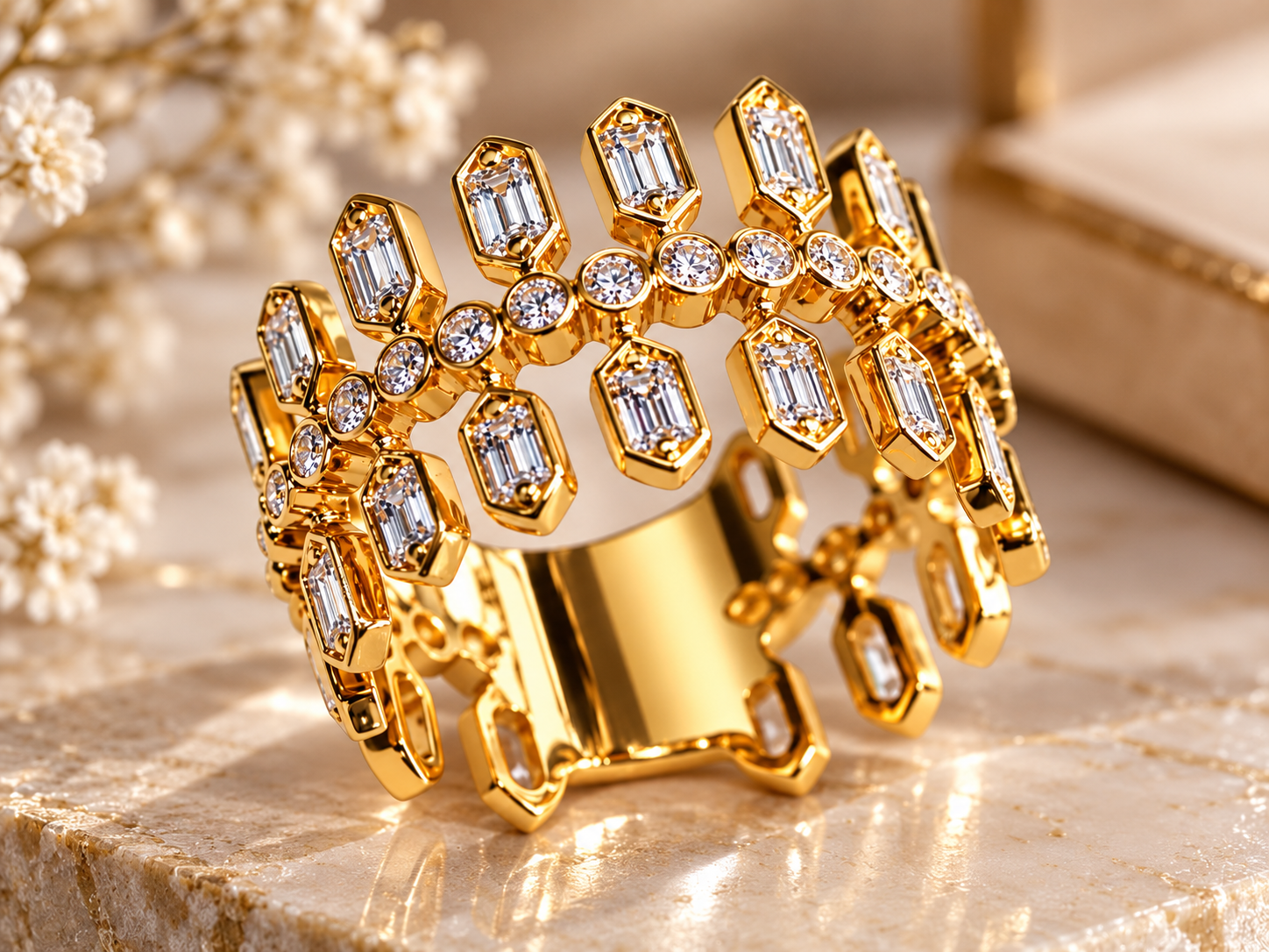 Anel Ouro19.2Kt Esses 9Safiras 1.55cts + Diamantes 0.21cts