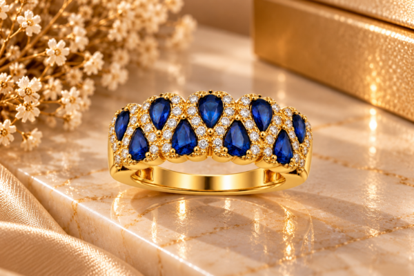 Anel Safiras Diamantes Ouro 19,2kt