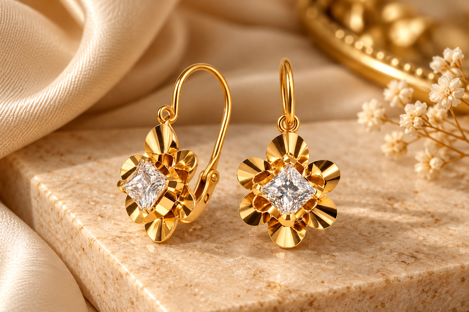 Brincos Ouro19.2Kt Flor Zirconias Gancho