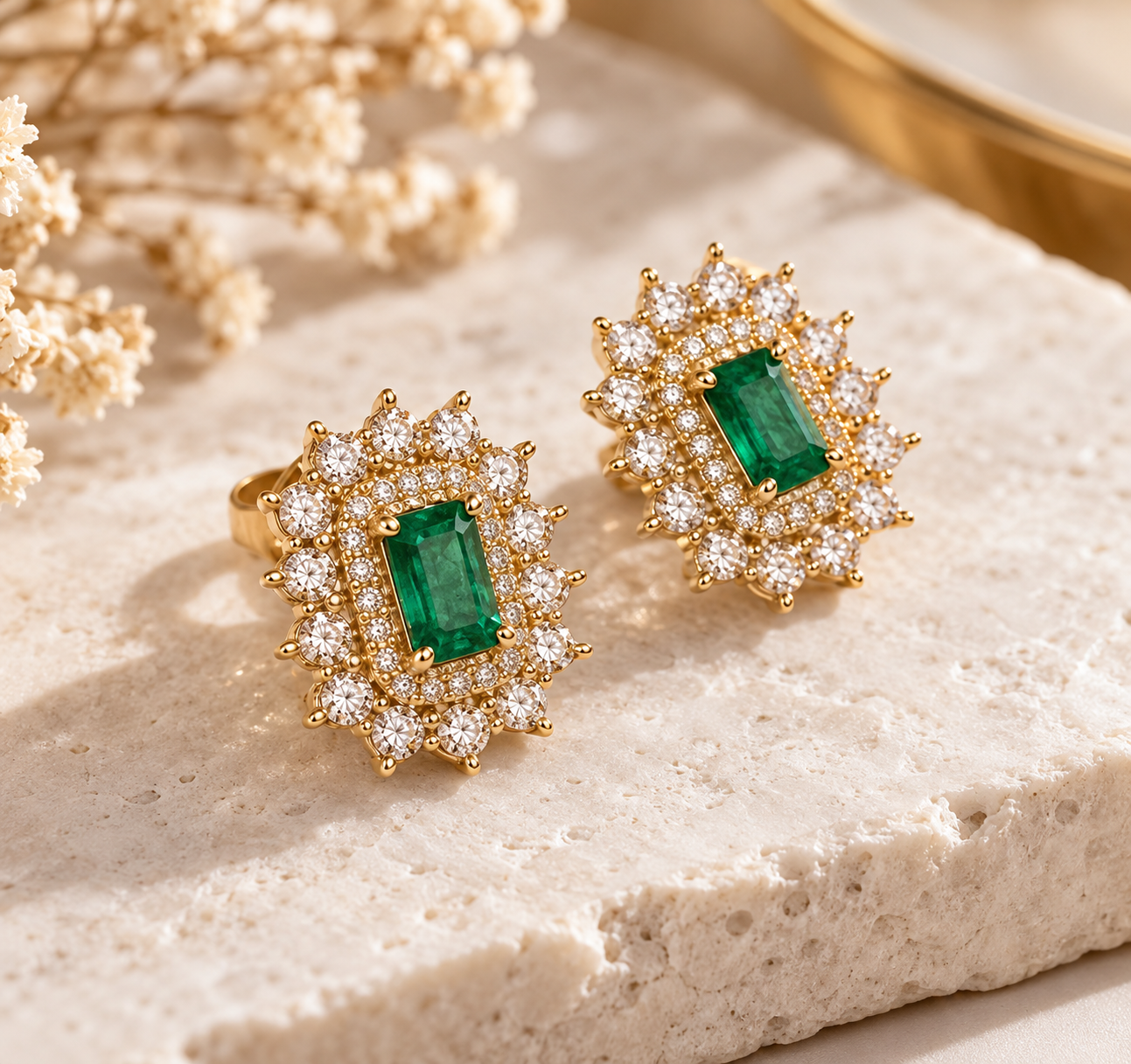 Brincos Ouro19.2Kts LadyDi Quadrado 28Diamantes 0.34cts+ 40Diamantes 0.10cts + 2Esmeralda 1.09cts