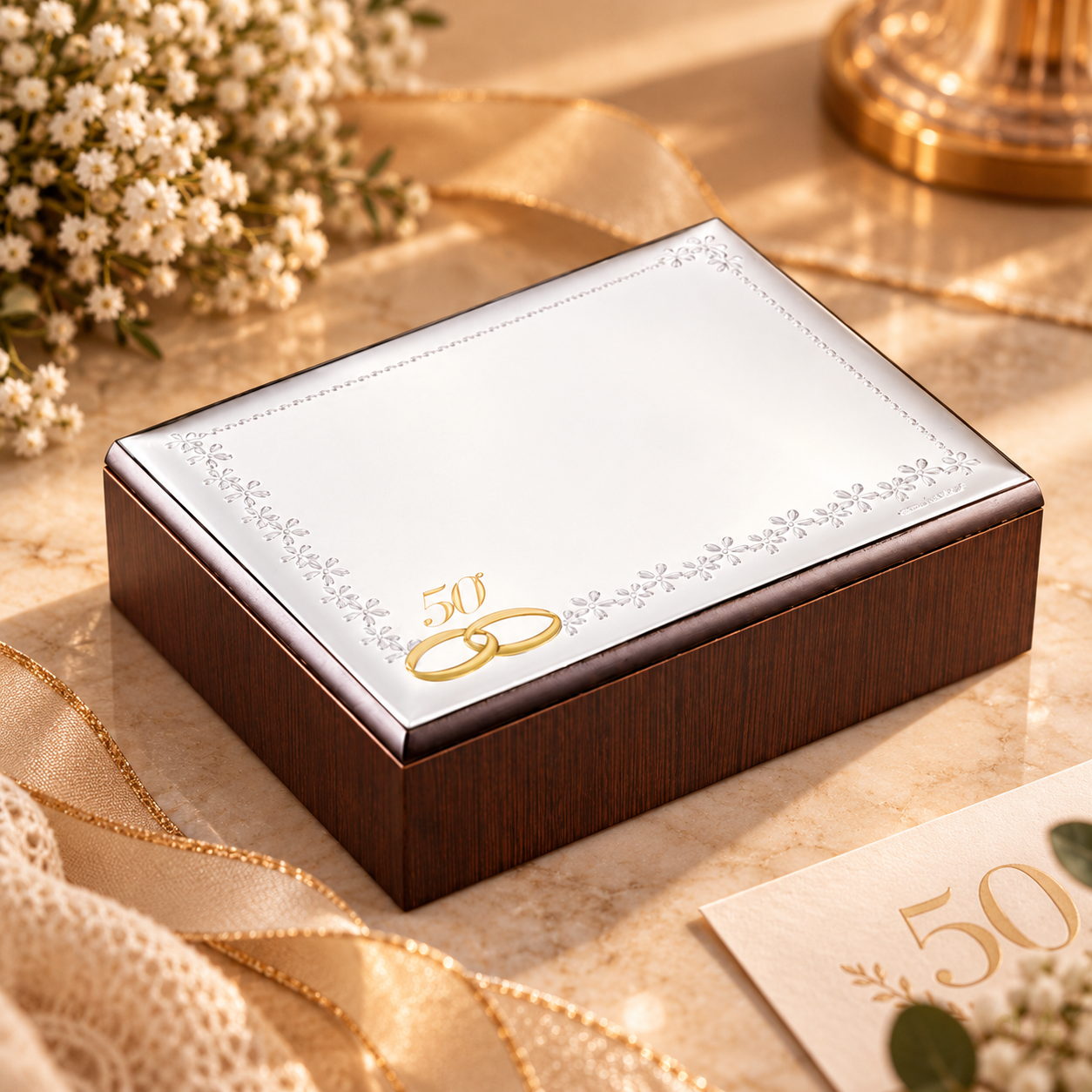 Caixa Madeira Flores 50Anos 21x16cm PVD Prateado 1