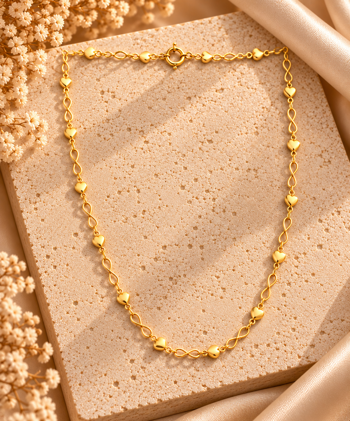 Colar Dourado de Corações e Infinito
