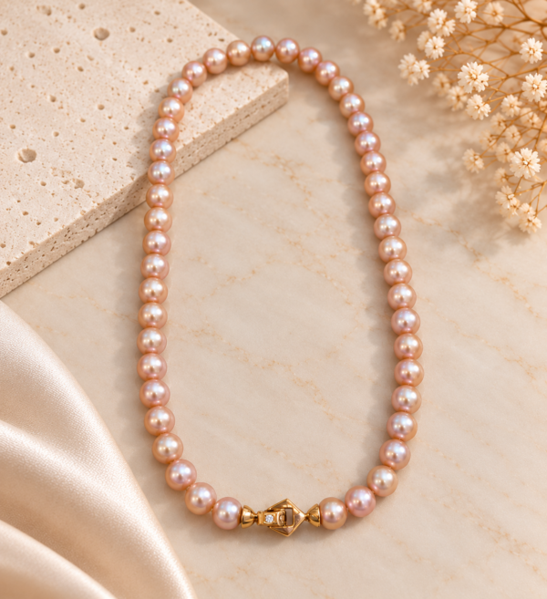 Colar Pérolas Rosa Diamantes Ouro 19,2kt