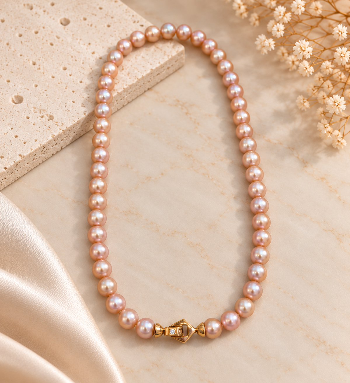 Colar OuroRose19.2Kts PérolasRosa 7mm Fecho2Diamantes 0.04cts