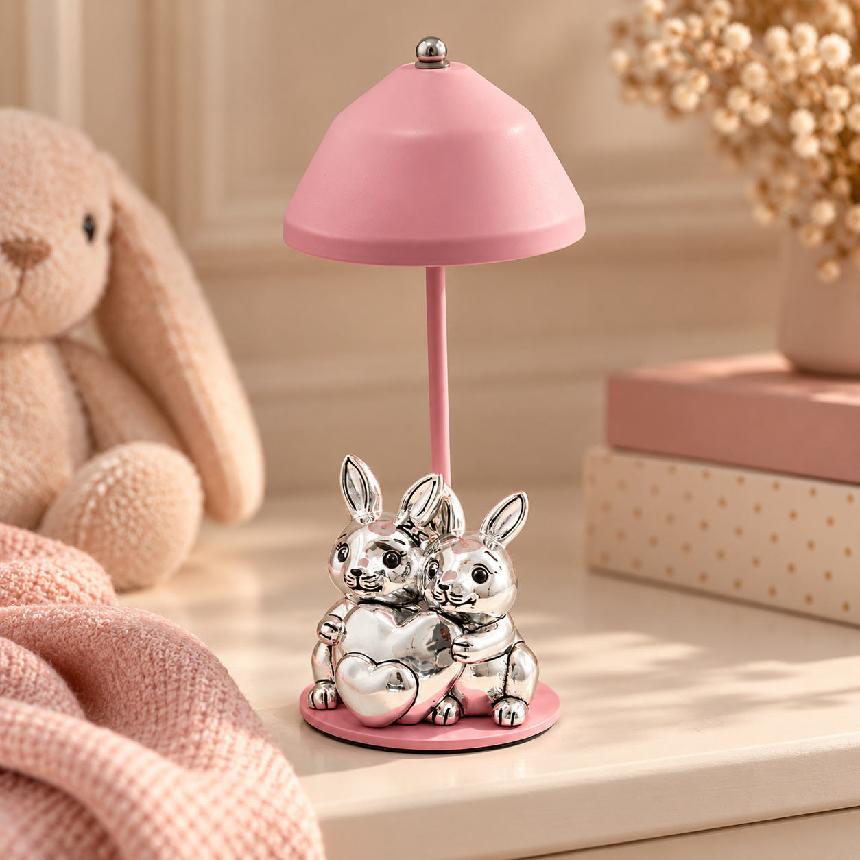 Luz Presença Coelhinhos 22cm Rosa PVD Prateado