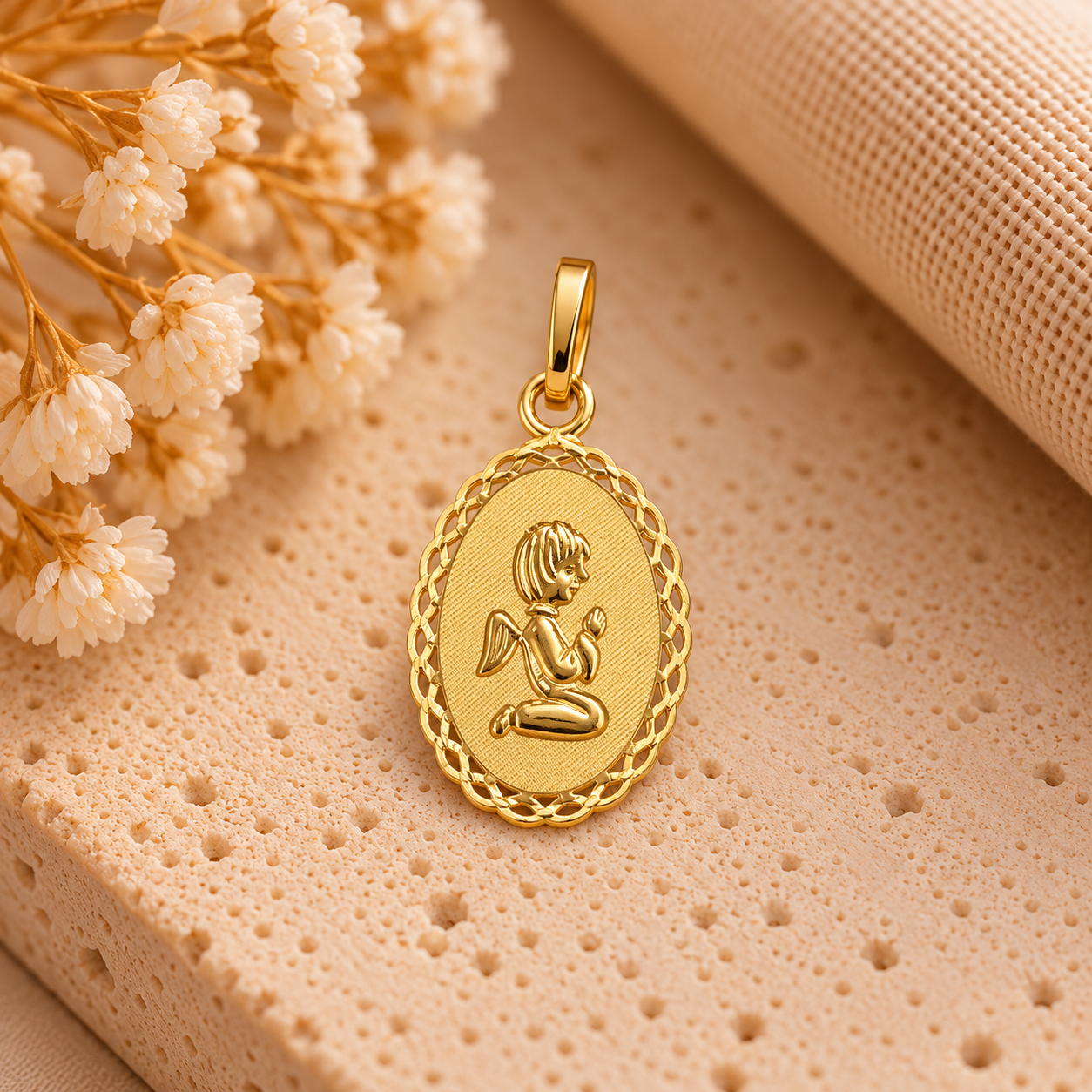 Medalha Ouro19.2Kt Anjo Oval Rendilhado