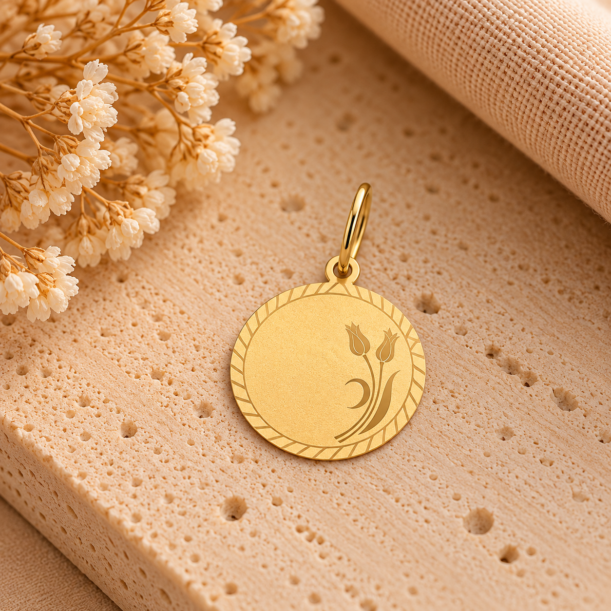 Medalha Ouro19.2Kt Chapa Redonda Satinada Flor