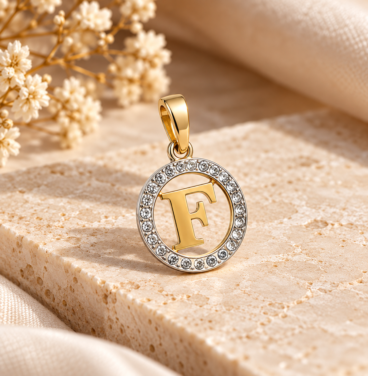 Medalha OuroBicolor19.2Kt Letra F Zirconias