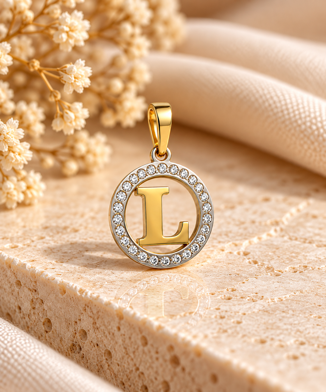 Medalha OuroBicolor19.2Kt Letra L Zirconias