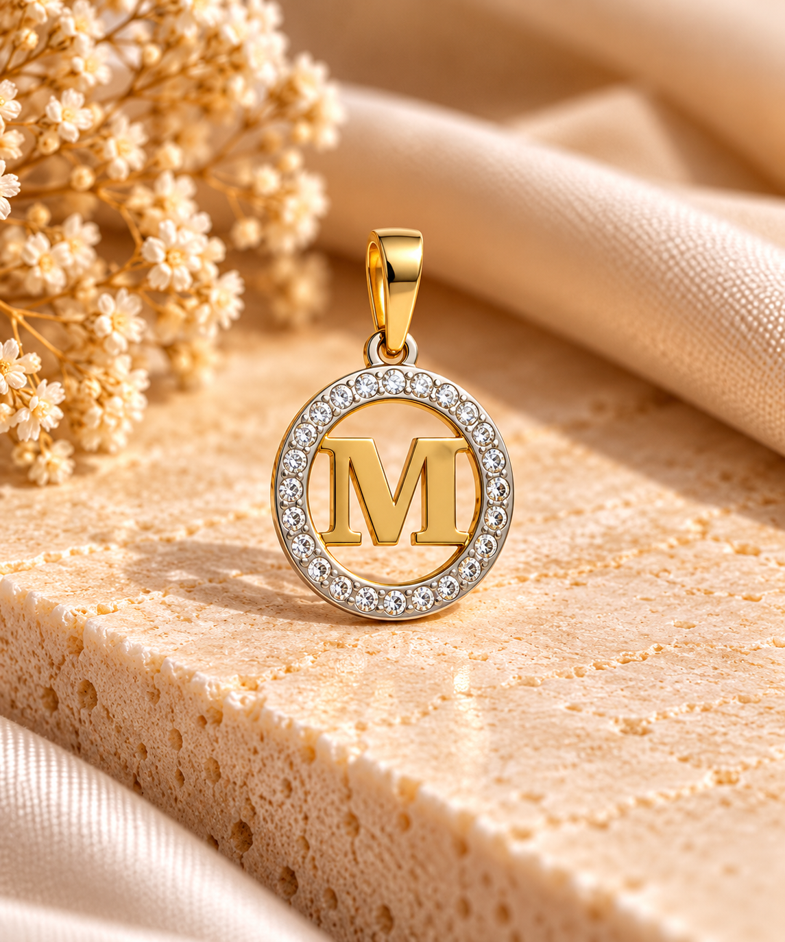 Medalha OuroBicolor19.2Kt Letra M Zirconias