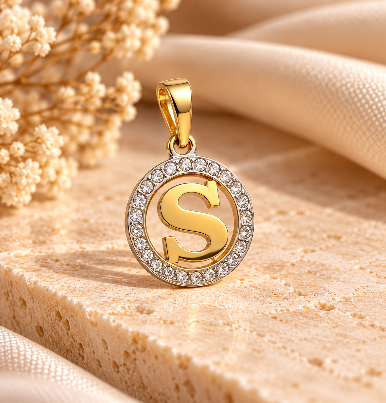Medalha OuroBicolor19.2Kt Letra S Zirconias