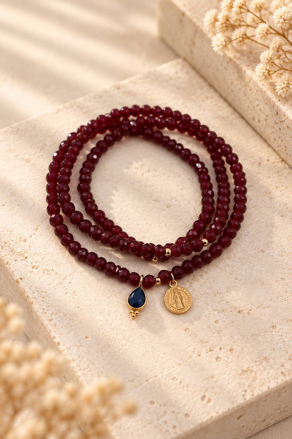 Pulseira Colar PrataDourada925 PeedrasNaturais Amuleto bordô