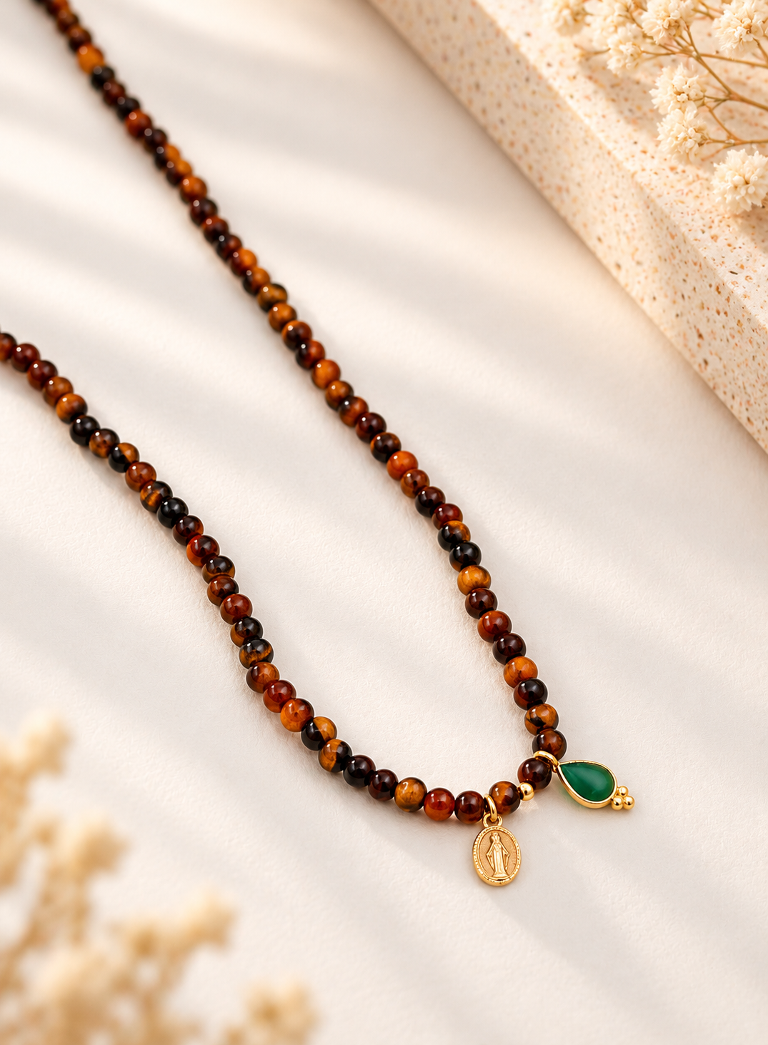 Pulseira Colar PrataDourada925 PeedrasNaturais Amuleto castanhas