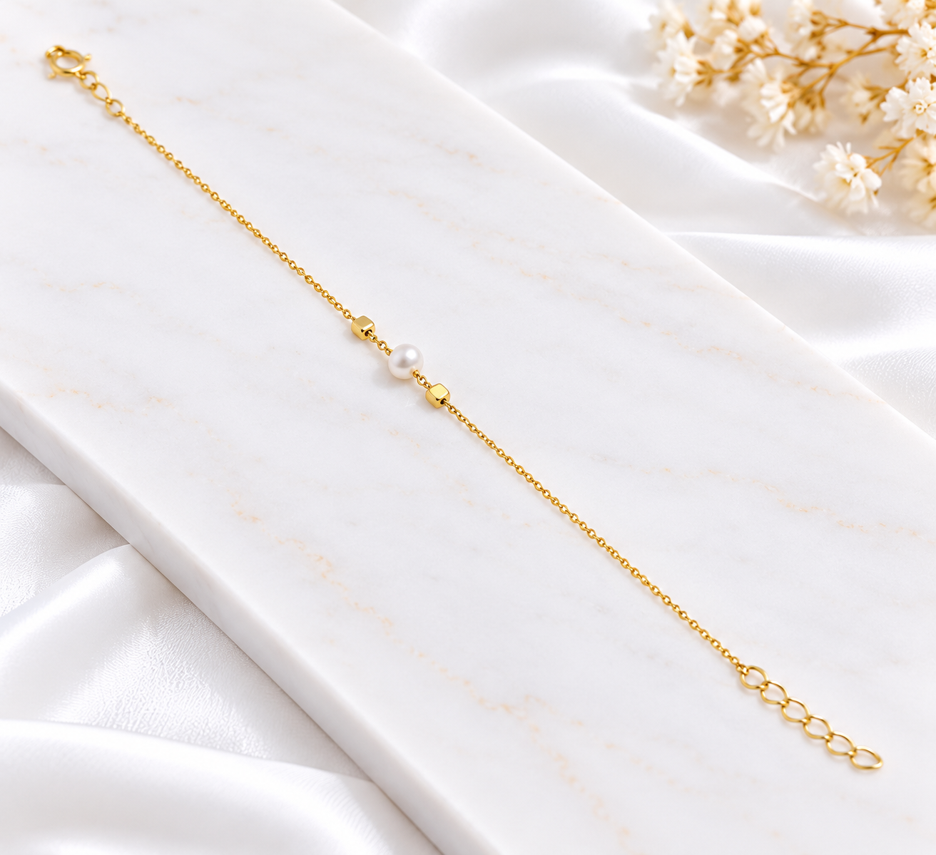 Pulseira Dourada com Pérola e Mármore