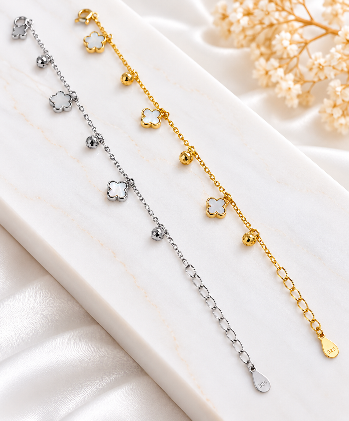 Pulseira Prata925 FloresMadreperolas + Bolas duas
