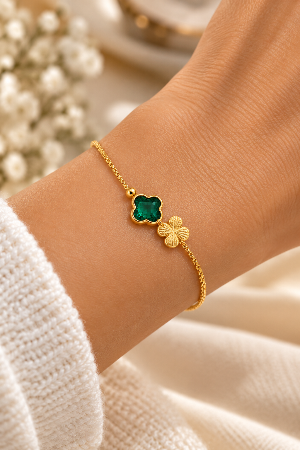 Pulseira PrataDourada925 EC Flores Quartzo Verde.