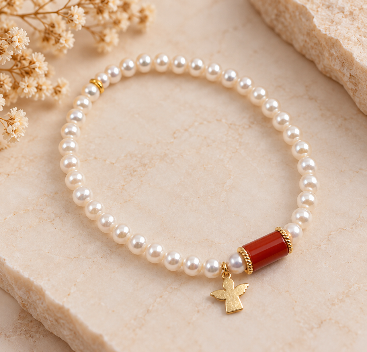 Pulseira PrataDourada925 Perolas + Cilindro Natural e Amuleto1