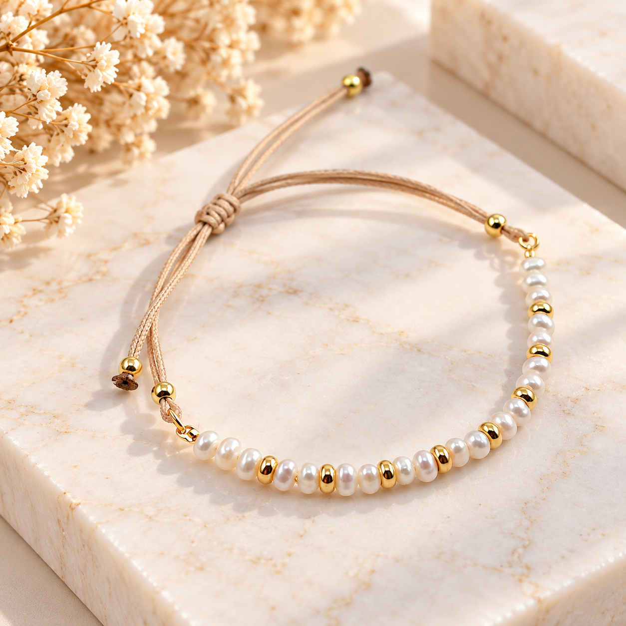 Pulseira PrataDourada925 Pérolas Fio Seda