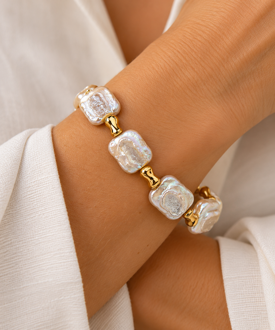 Pulseira PrataDourada925 Perolas Pastilha Retangulares Topazio.